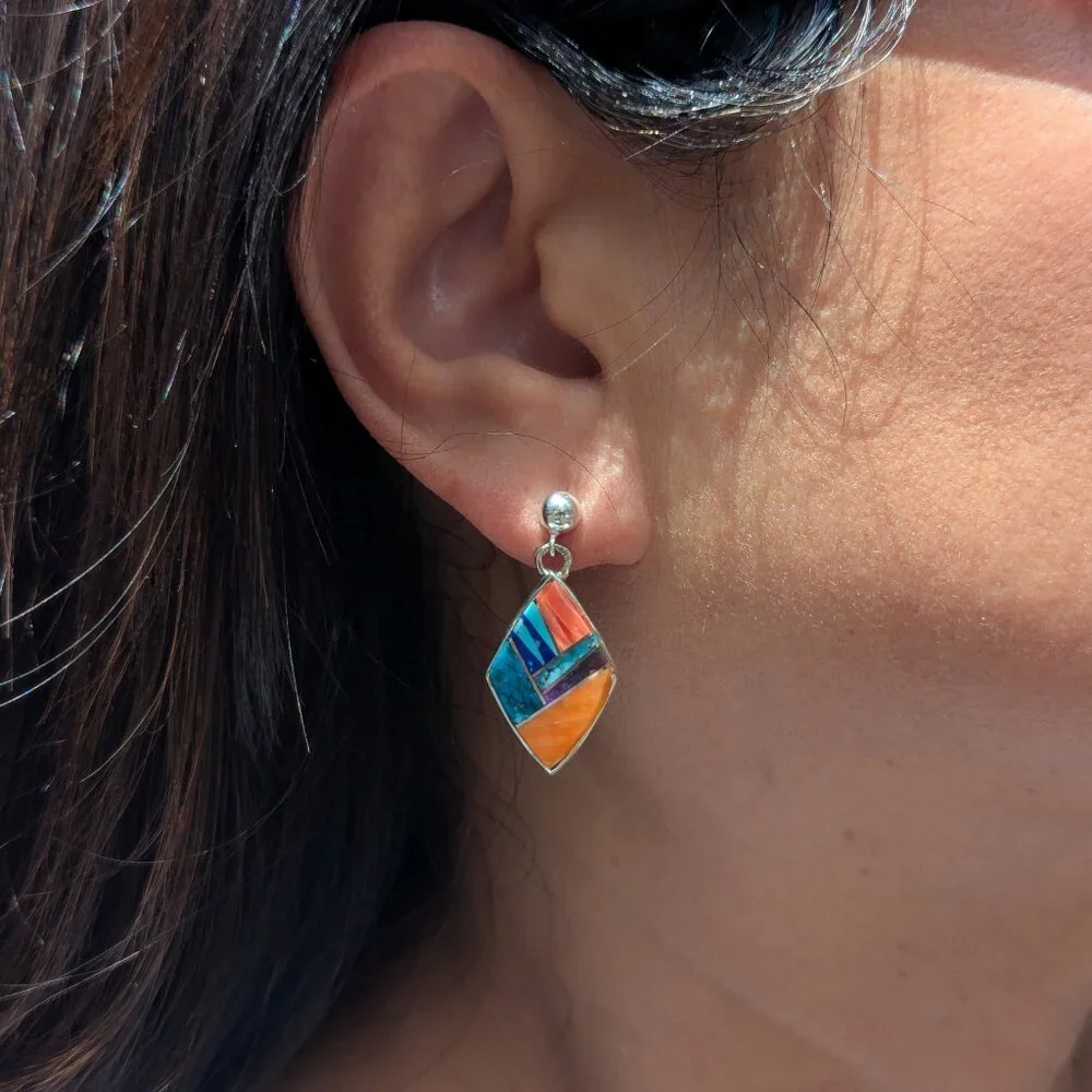 Handcrafted Navajo Multi Stone Inlay Dangle Sterling Silver Earrings Southwest**